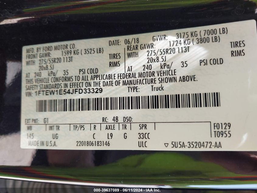 2018 Ford F-150 Xlt VIN: 1FTEW1E54JFD33329 Lot: 39637089