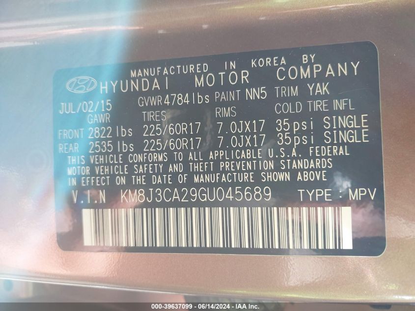 2016 Hyundai Tucson Eco VIN: KM8J3CA29GU045689 Lot: 39637099