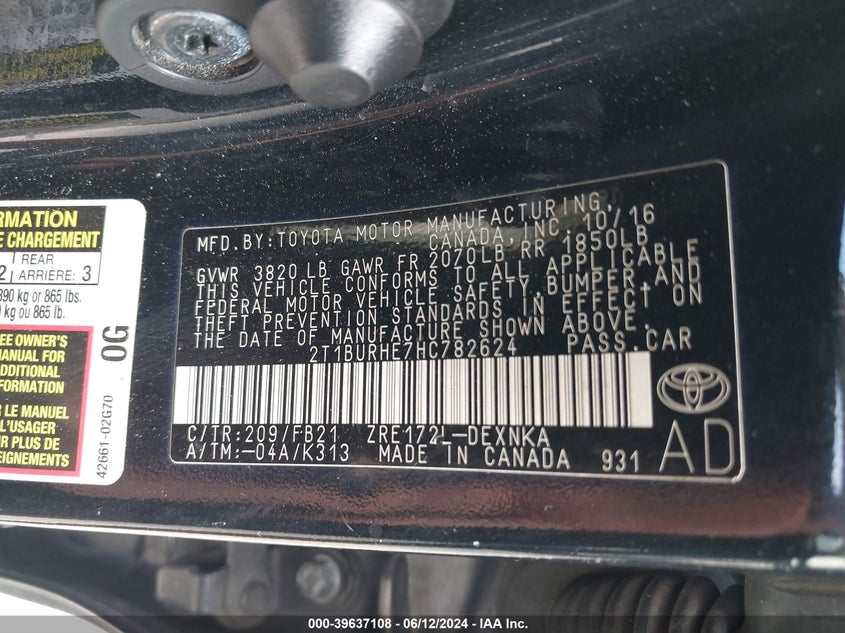 2017 Toyota Corolla Le VIN: 2T1BURHE7HC782624 Lot: 39637108