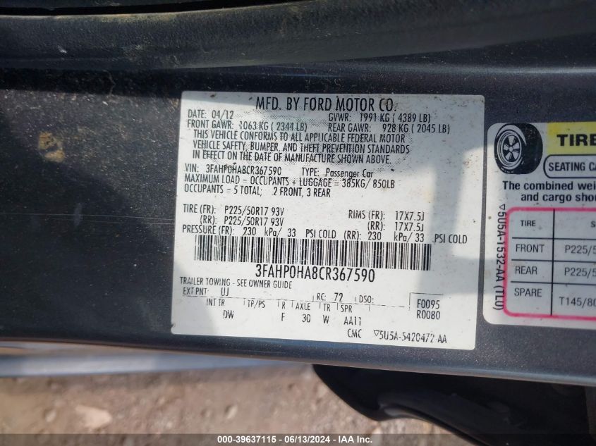 2012 Ford Fusion Se VIN: 3FAHP0HA8CR367590 Lot: 39637115