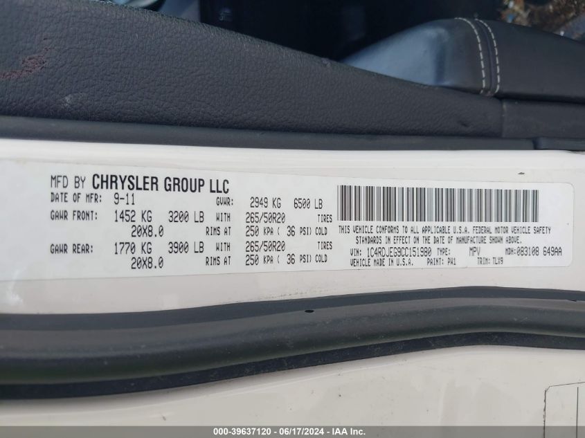 2012 Dodge Durango Citadel VIN: 1C4RDJEG9CC151980 Lot: 39637120