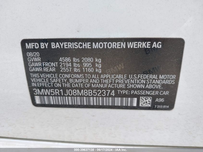 2021 BMW 330I VIN: 3MW5R1J08M8B52374 Lot: 39637138