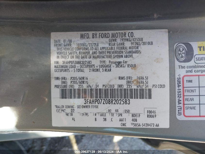 2008 Ford Fusion Se VIN: 3FAHP07Z08R202583 Lot: 39637139