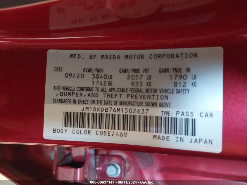 2021 Mazda Cx-3 Sport VIN: JM1DKDB76M1502637 Lot: 39637147