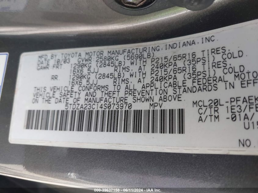 2004 Toyota Sienna Le VIN: 5TDZA23C14S073970 Lot: 39637158