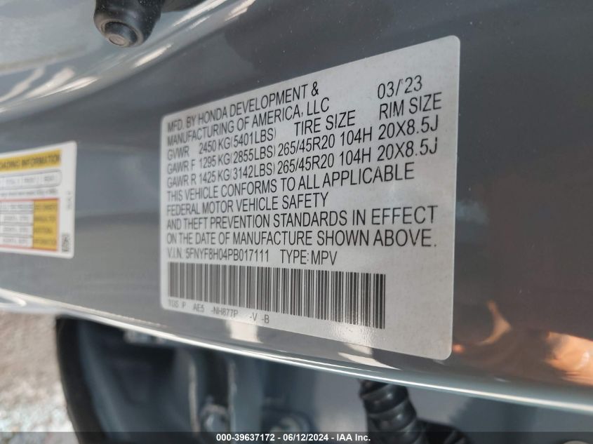 2023 Honda Passport Awd Elite VIN: 5FNYF8H04PB017111 Lot: 39637172