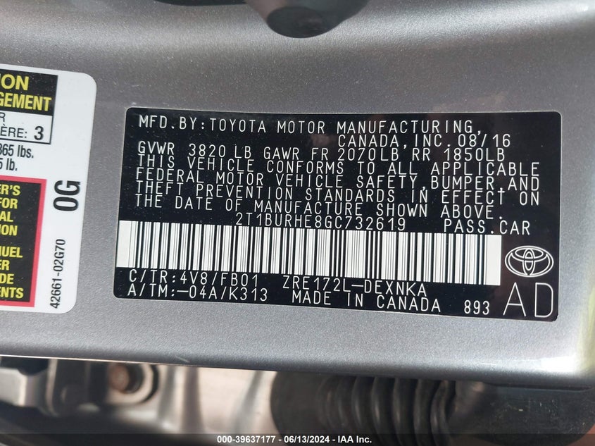 2016 TOYOTA COROLLA LE - 2T1BURHE8GC732619