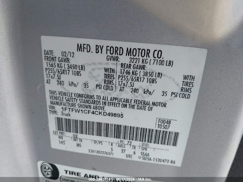 2012 Ford F-150 Xlt VIN: 1FTFW1CF4CKD49895 Lot: 39637181