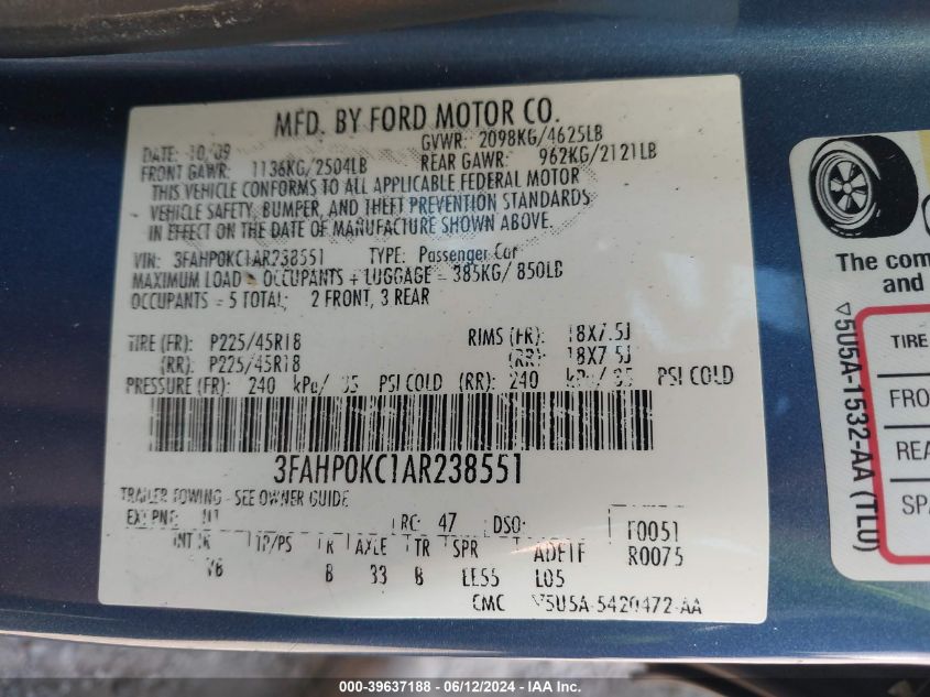 2010 Ford Fusion Sport VIN: 3FAHP0KC1AR238551 Lot: 39637188