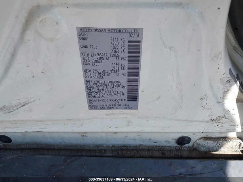 2018 Nissan Rogue Sv VIN: 5N1AT2MV2JC760780 Lot: 39637189