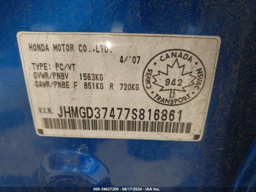 2007 Honda Fit VIN: JHMGD37477S816861 Lot: 39637200