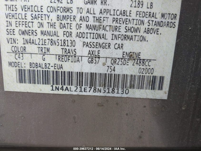 2008 Nissan Altima 2.5 S VIN: 1N4AL21E78N518130 Lot: 39637212