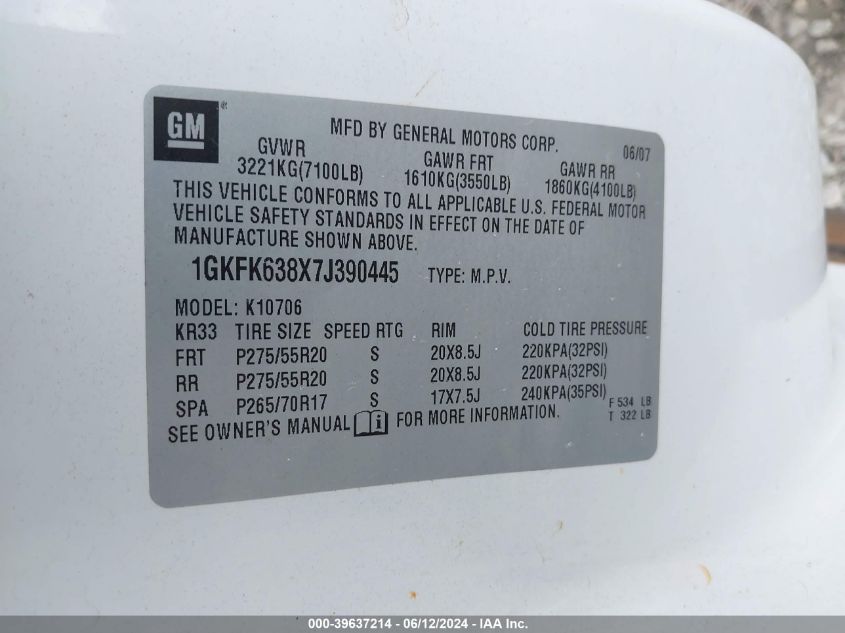 2007 GMC Yukon Denali VIN: 1GKFK638X7J390445 Lot: 39637214