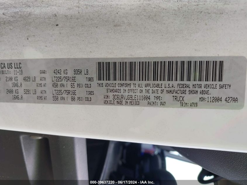 2020 Ram Promaster 3500 Cargo Van High Roof 159 Wb Ext VIN: 3C6URVJG9LE111004 Lot: 39637220