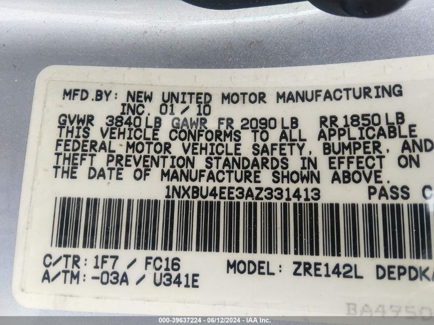 2010 Toyota Corolla Le VIN: 1NXBU4EE3AZ331413 Lot: 39637224