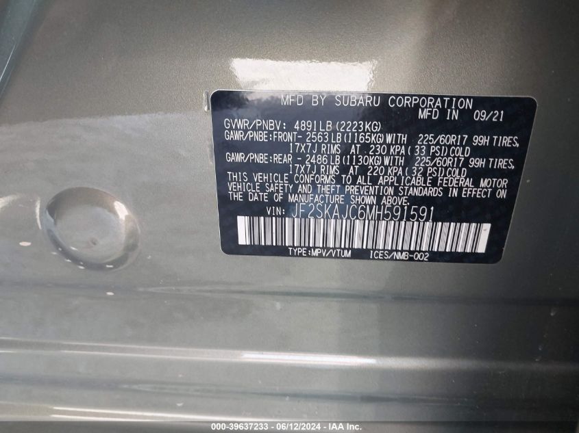 2021 Subaru Forester Premium VIN: JF2SKAJC6MH591591 Lot: 39637233