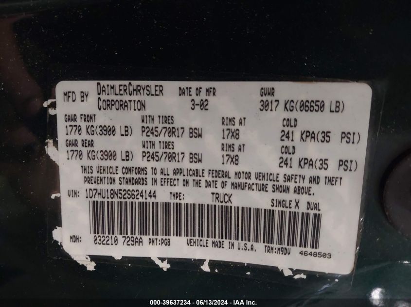 2002 Dodge Ram 1500 St VIN: 1D7HU18N52S624144 Lot: 39637234