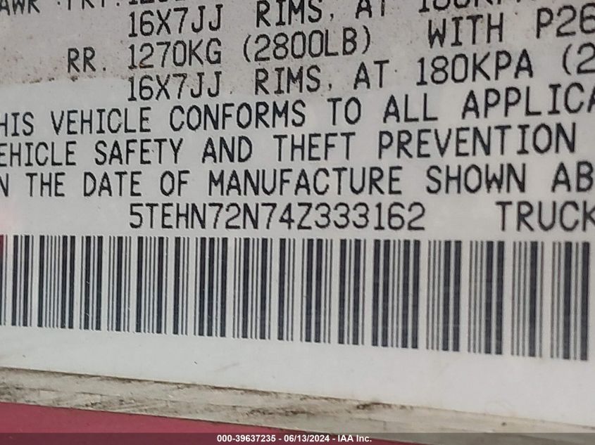 2004 Toyota Tacoma Base V6 VIN: 5TEHN72N74Z333162 Lot: 39637235