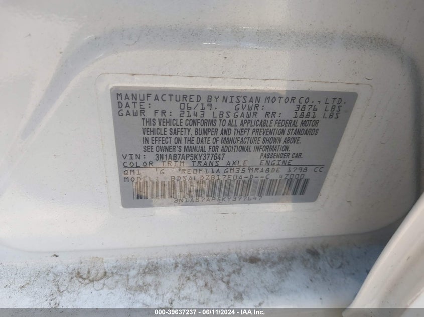 VIN 3N1AB7AP5KY377647 2019 NISSAN SENTRA SV