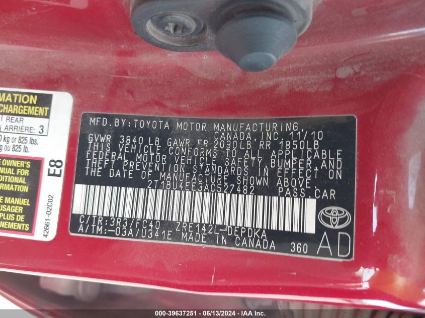 2010 Toyota Corolla Le VIN: 2T1BU4EE3AC527482 Lot: 39637251