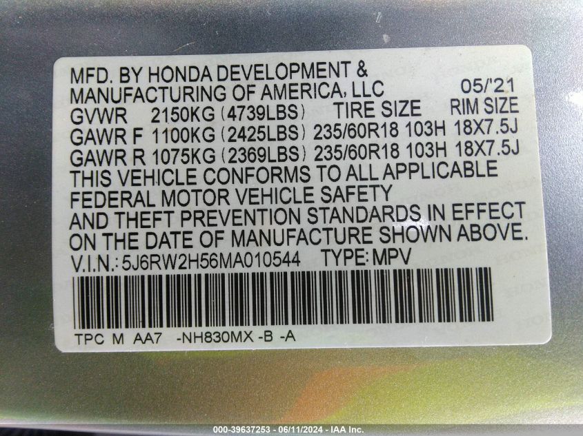 2021 Honda Cr-V Awd Ex VIN: 5J6RW2H56MA010544 Lot: 39637253