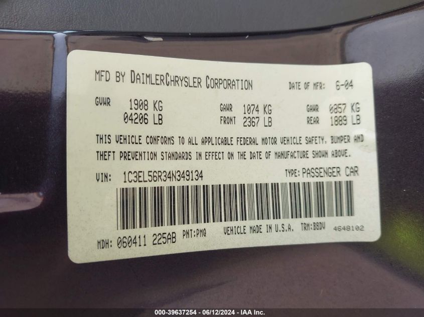 2004 Chrysler Sebring Lxi VIN: 1C3EL56R34N349134 Lot: 39637254