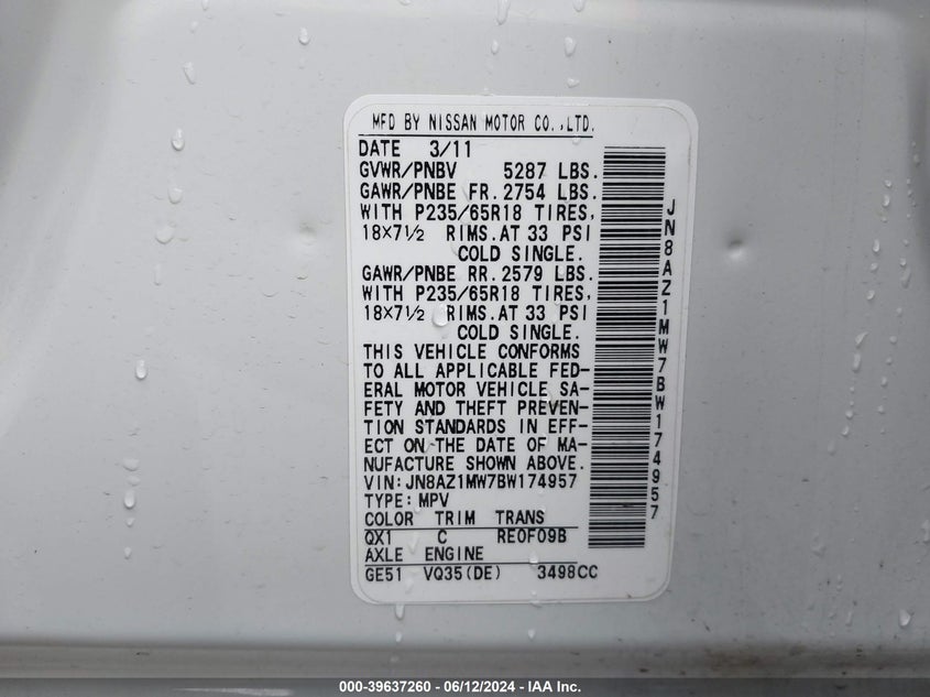 2011 Nissan Murano Sl VIN: JN8AZ1MW7BW174957 Lot: 39637260