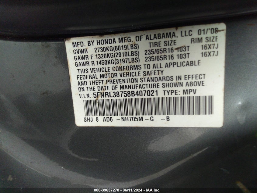 2008 Honda Odyssey Ex-L VIN: 5FNRL38758B407021 Lot: 39637270