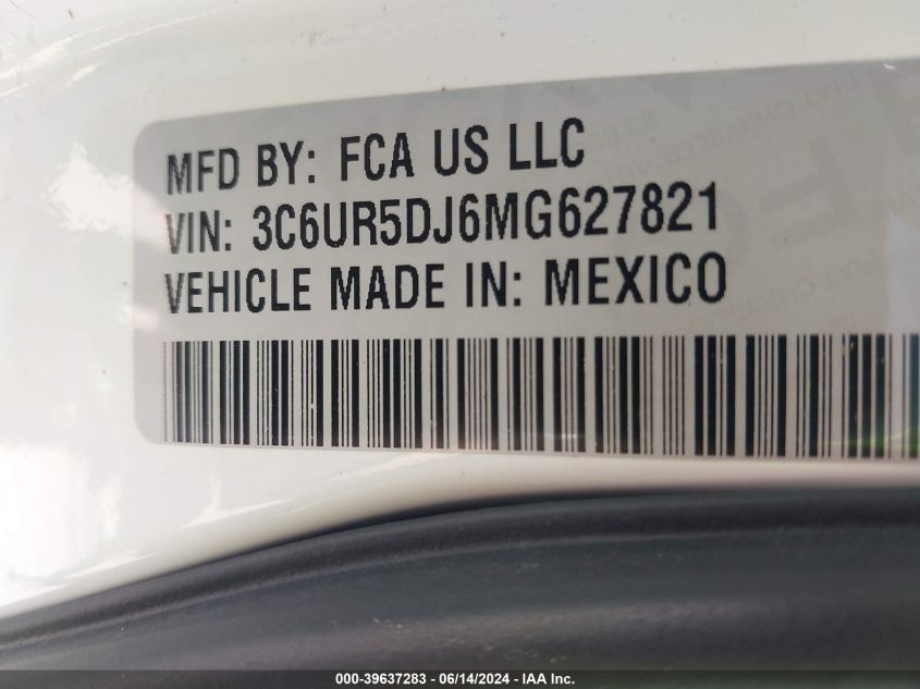 2021 Ram 2500 Big Horn 4X4 6'4 Box VIN: 3C6UR5DJ6MG627821 Lot: 39637283