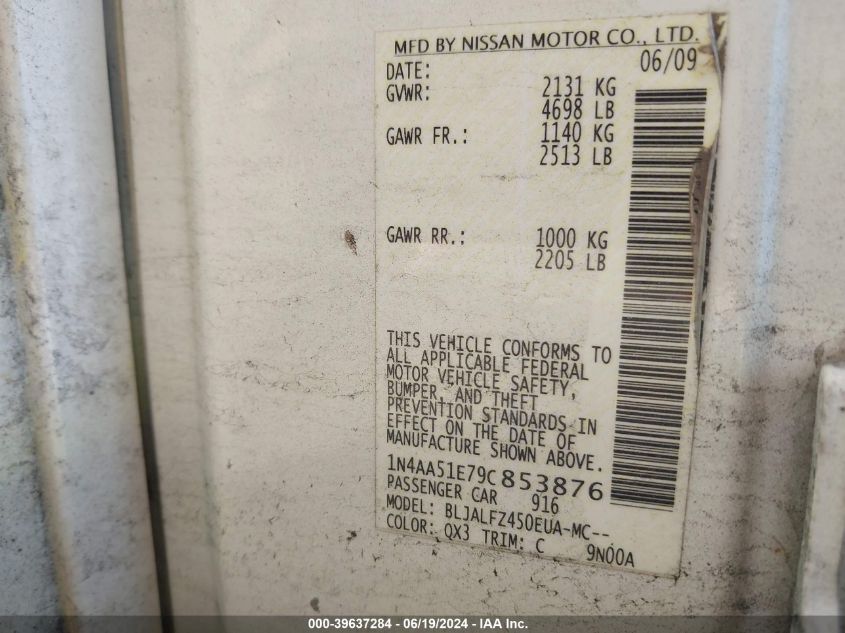 2009 Nissan Maxima 3.5 Sv VIN: 1N4AA51E79C853876 Lot: 39637284