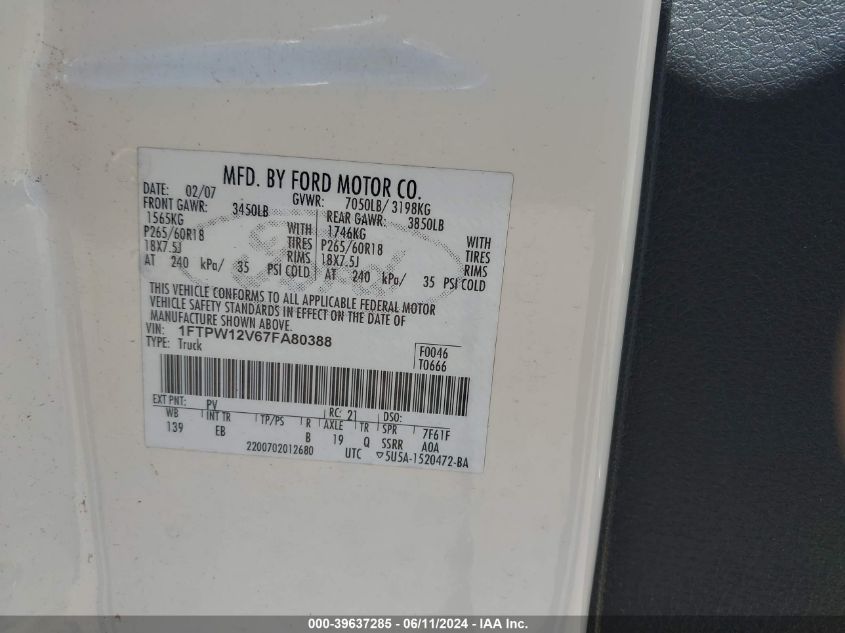 2007 Ford F-150 Lariat/Xlt VIN: 1FTPW12V67FA80388 Lot: 39637285