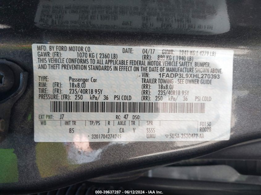 2017 Ford Focus St VIN: 1FADP3L9XHL270393 Lot: 39637287