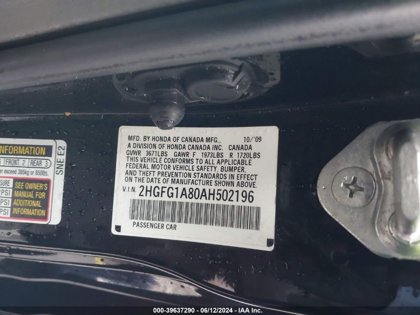 2010 Honda Civic Ex VIN: 2HGFG1A80AH502196 Lot: 39637290