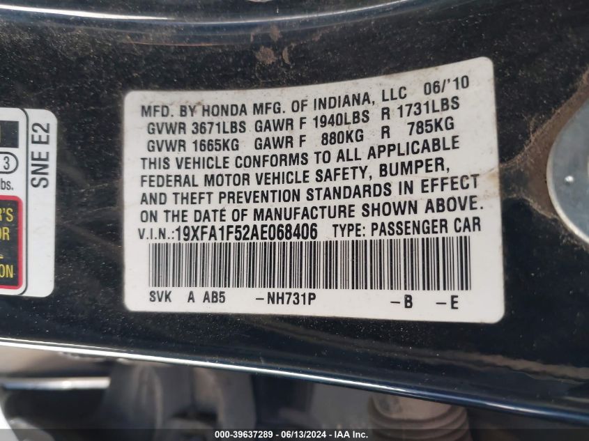 2010 Honda Civic Lx VIN: 19XFA1F52AE068406 Lot: 39637289