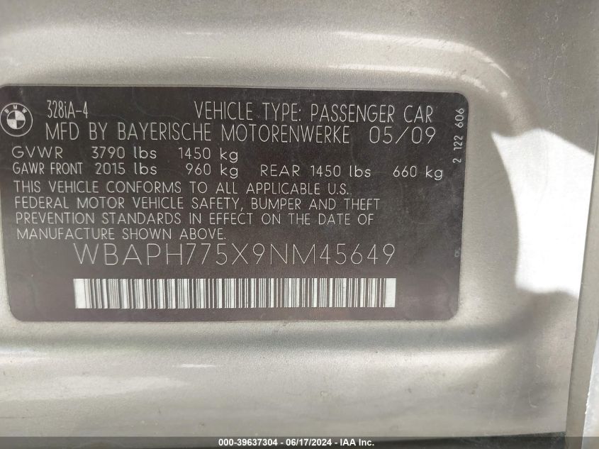 2009 BMW 328I VIN: WBAPH775X9NM45649 Lot: 39637304