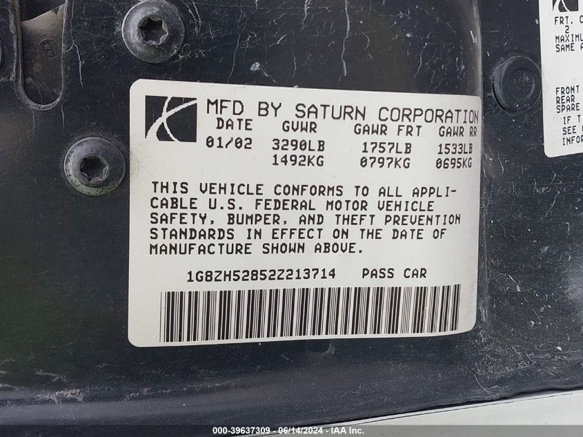 2002 Saturn S-Series Sl1 VIN: 1G8ZH52852Z213714 Lot: 39637309
