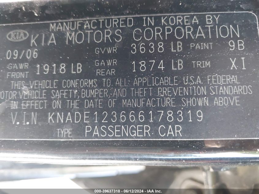 2006 Kia Rio Lx VIN: KNADE123666178319 Lot: 39637318