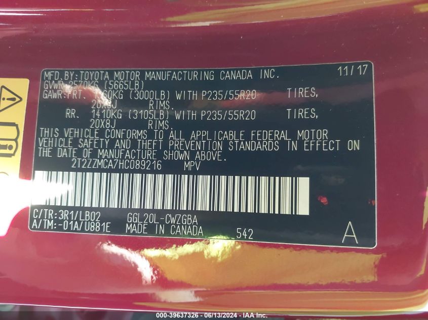 2017 Lexus Rx 350 VIN: 2T2ZZMCA7HC089216 Lot: 39637326