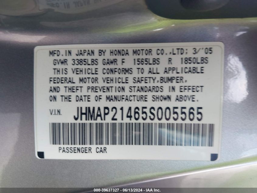 2005 Honda S2000 VIN: JHMAP21465S005565 Lot: 39637327