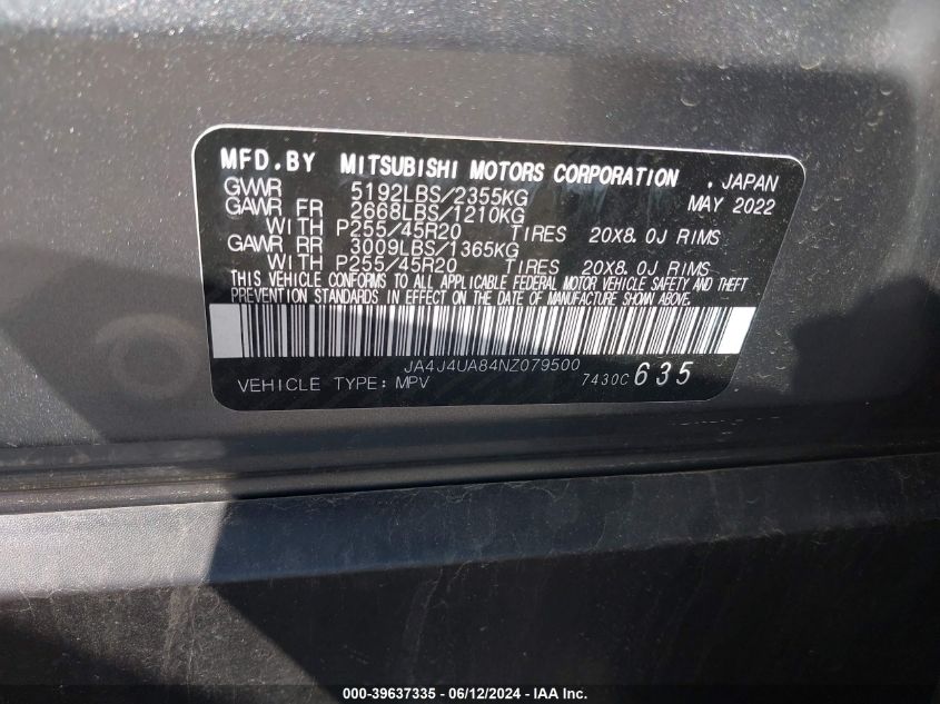 2022 Mitsubishi Outlander Black Edition S-Awc/Se 2.5 S-Awc/Se Launch Edition S-Awc VIN: JA4J4UA84NZ079500 Lot: 39637335