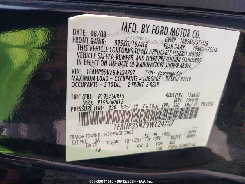 2009 Ford Focus Se VIN: 1FAHP35N79W124707 Lot: 39637348