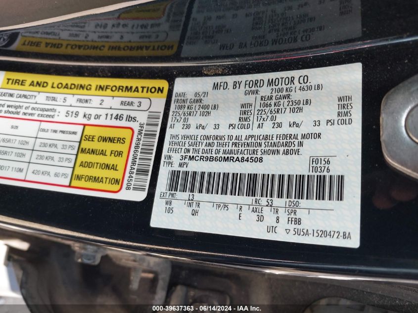 2021 Ford Bronco Sport Big Bend VIN: 3FMCR9B60MRA84508 Lot: 39637363