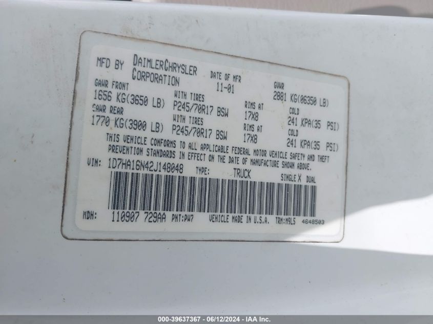 2002 Dodge Ram 1500 St VIN: 1D7HA16N42J148048 Lot: 39637367