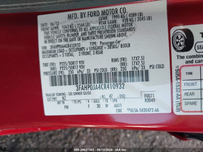 2012 Ford Fusion Sel VIN: 3FAHP0JA4CR410932 Lot: 39637392