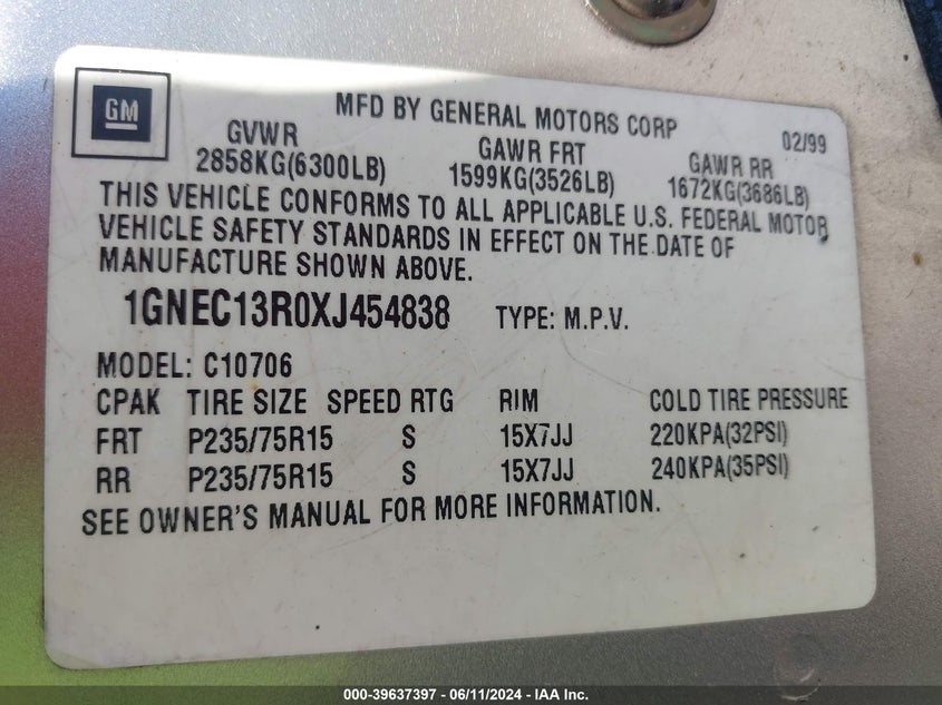 1999 Chevrolet Tahoe Lt VIN: 1GNEC13R0XJ454838 Lot: 39637397