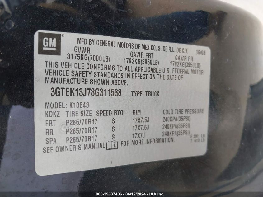 2008 GMC Sierra K1500 VIN: 3GTEK13J78G311538 Lot: 39637406