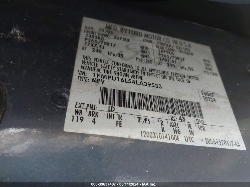 2004 Ford Expedition Nbx/Xlt VIN: 1FMPU16L54LA39533 Lot: 39637407