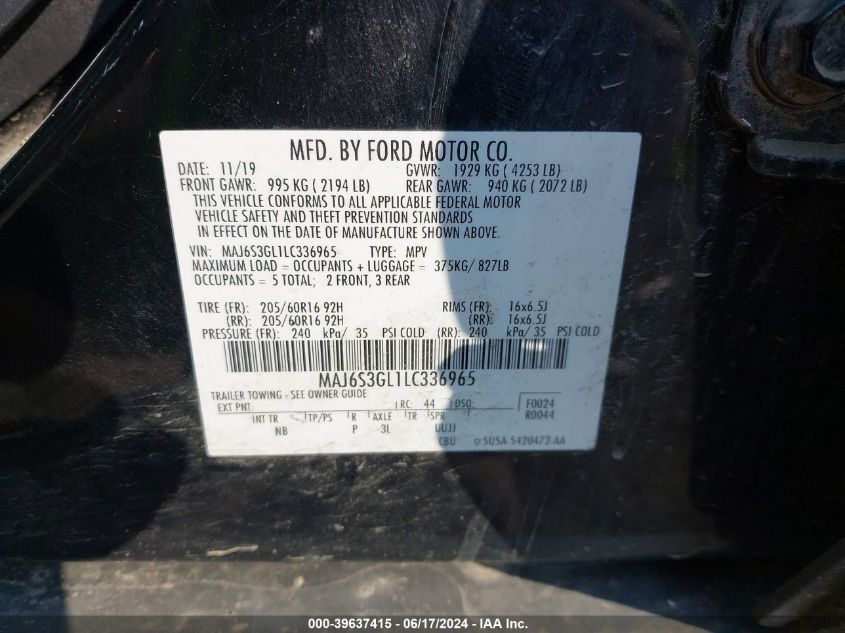 2020 Ford Ecosport Se VIN: MAJ6S3GL1LC336965 Lot: 39637415