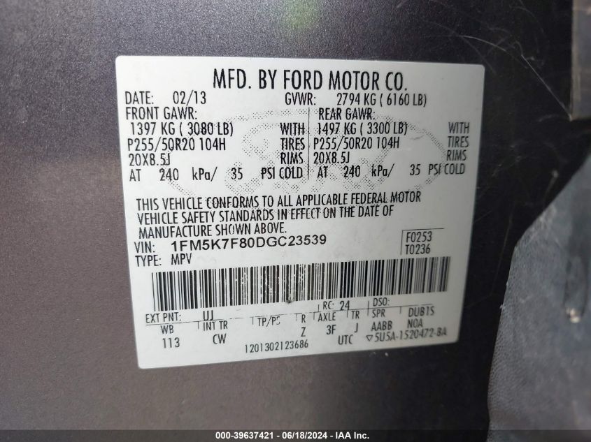 2013 Ford Explorer Limited VIN: 1FM5K7F80DGC23539 Lot: 39637421