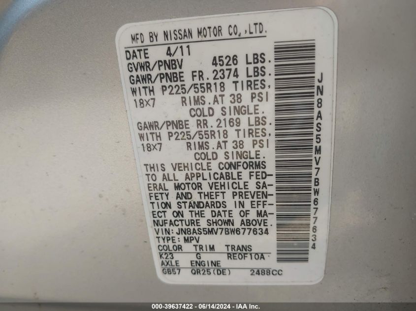 2011 Nissan Rogue Sv VIN: JN8AS5MV7BW677634 Lot: 39637422